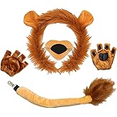 hhdatc 4PCS Lion Costume Accessory Set Headband with Ears Tail Nose Paw Gloves & Bow Tie for Halloween Cosplay and Dress-Up Parties for Adult
