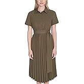 Calvin Klein Womens Short Sleeve Collared Tie Waist Accordion Midi Shirtdress