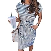 MEROKEETY Women's 2026 Summer Casual T Shirt Dress Short Sleeve Striped Tie Waist Work Vacation Trendy Short Dresses