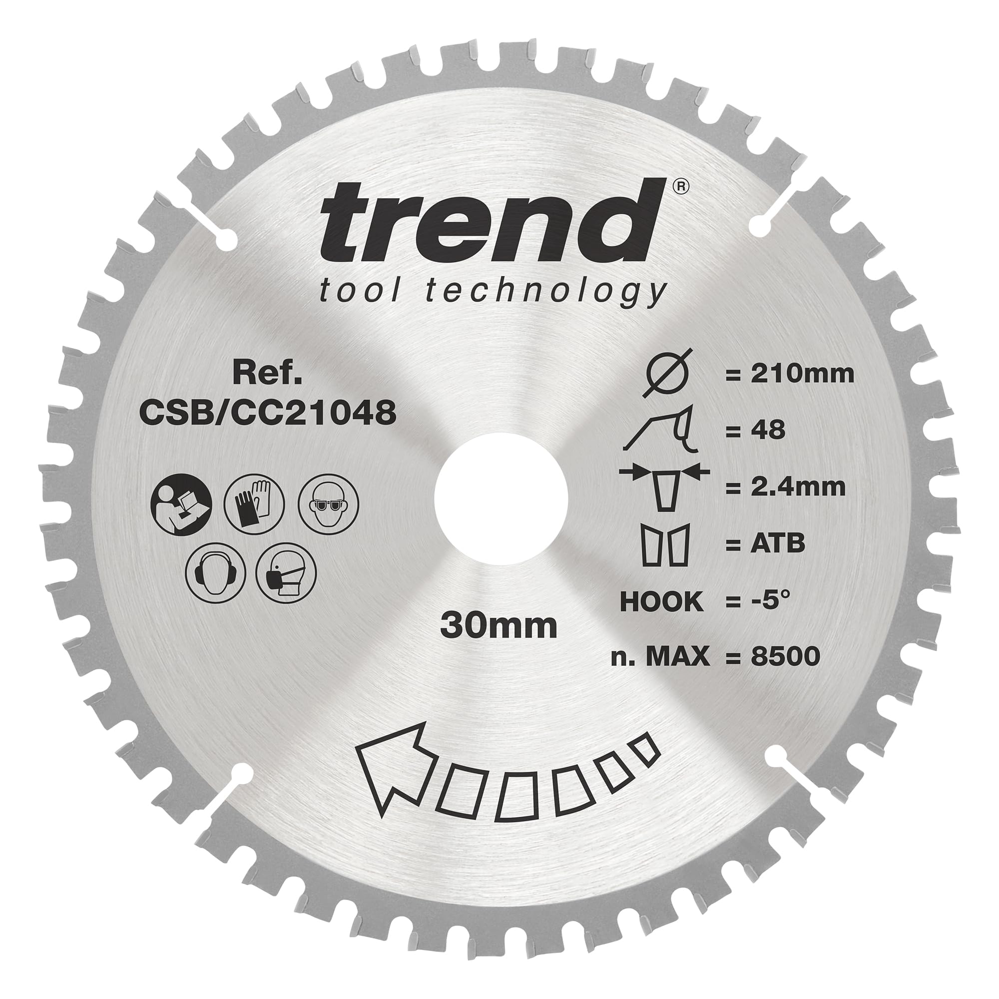 Trend Wood Mitre Saw Blade, 210mm Diameter, 30mm Bore, 48 Teeth, 2.4mm Kerf, -5° Hook, TCT, Fine Finish, CSB/CC21048