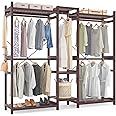 Homykic Bamboo Closet System Clothes Rack, Large Freestanding Garment Rack Clothing Rack for Hanging Clothes with 7 Storage Shelves and 5 Rods, Open Wardrobe Organizer with 4 Hooks, Espresso