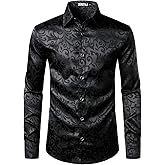 ZEROYAA Men's Luxury Jacquard Long Sleeve Dress Shirt Shiny Satin Slik Like Wedding Party Prom Shirts