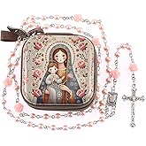 WHLHMK Rosary Beads Catholic for Women With Rosary Box, Pink Beads Rosary with Zipper Vintage Jewelry Box, Anglican Prayer Beads Christian Gifts for Women Catholic Gifts