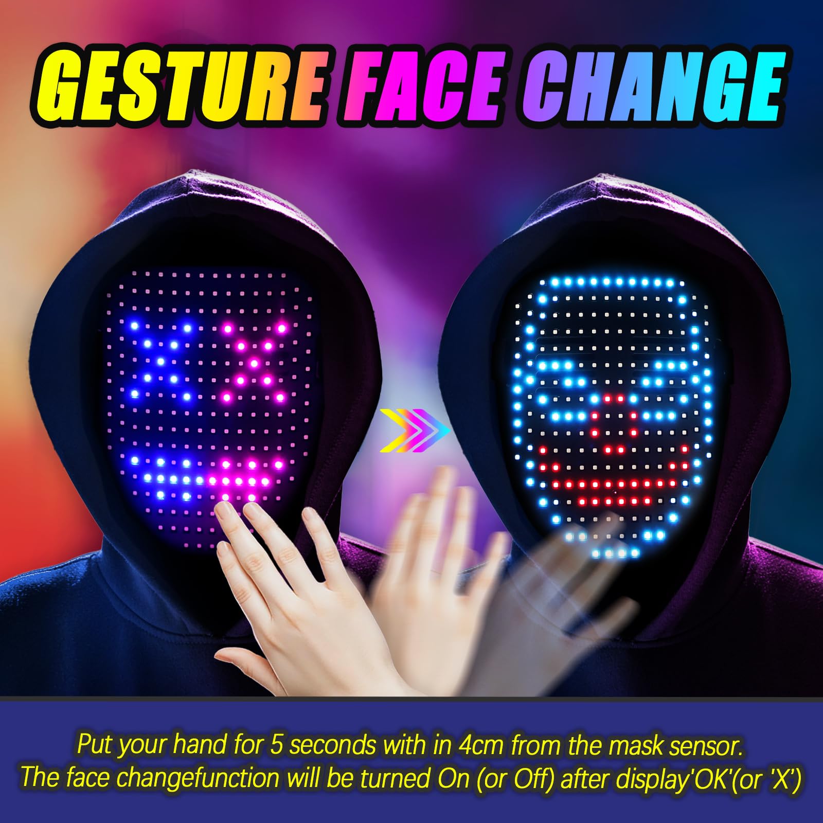 Ompusos LED Mask with Gesture Sensing, Light-Up Transforming Face Cover for Halloween, Christmas, Cosplay & Birthday Parties