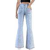 Peakpride Girls Jeans Flare High Elastic Waist Denim Pants Bell Bottom Stretch Cute Y2K Streetwear with Pockets 7-14Y