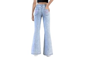 Zeoleviy Girls Jeans Flare Bell Bottom High Elastic Waist Stretchy Denim Pants Cute Y2K Bootcut Streetwear with Pockets 7-14Y