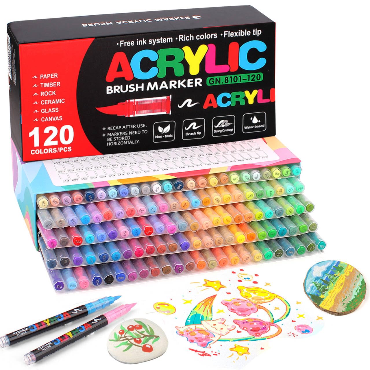 Photo 1 of 120 Colors Soft Brush Tip Acrylic Markers Set, Paint Pens for Rock, Wood, Fabric, Canvas, Glass, DIY Crafts, Waterproof Paint Markers, Vibrant Acrylic Pens for Artists and Art Projects
