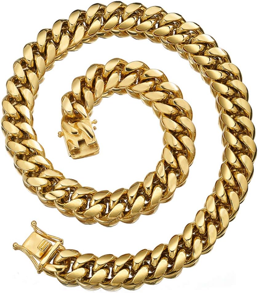Jewelry Kingdom 1 Necklace or Bracelet for Men and Women Chain Cuban Link Chain 18K Gold High Polished 316L Stainless Steel Chain (6MM/12MM Wide Chain, 7-30inches)