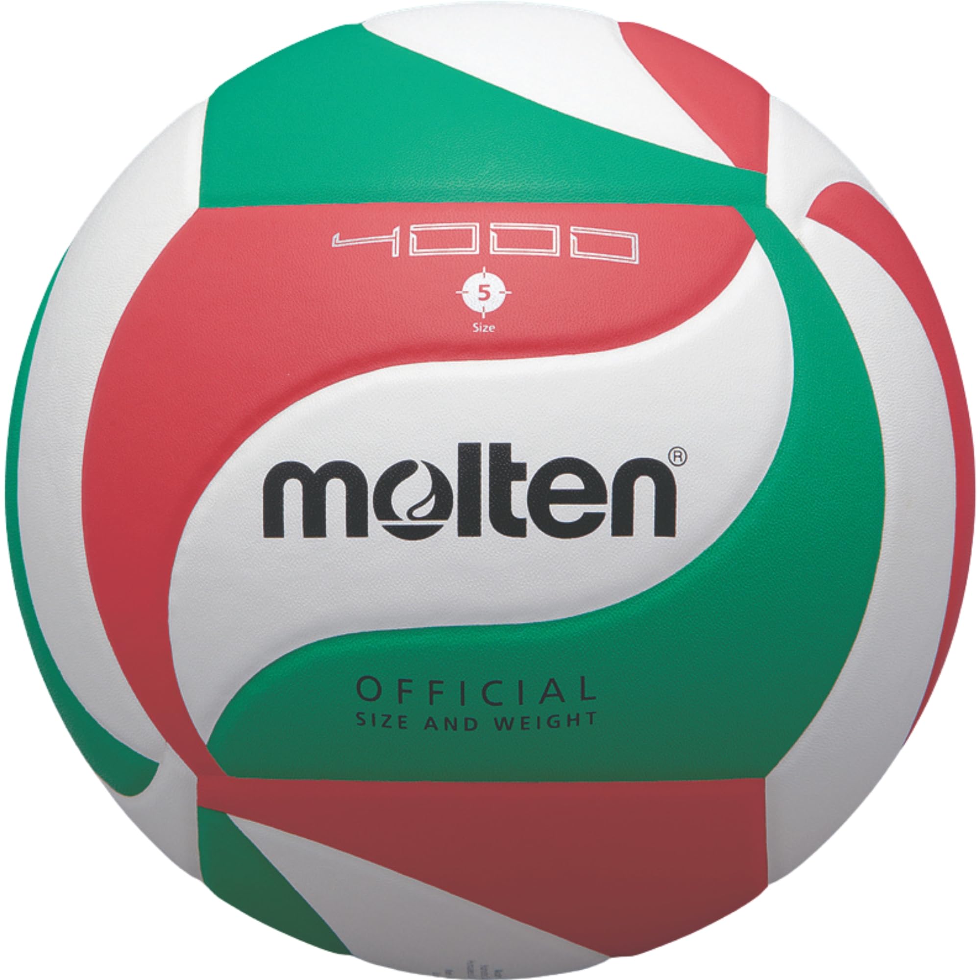 Molten 4000 Volleyball | Soft Premium PU Leather Club Training Ball | Official Size & Weight | Multicolour Green White Red, 5
