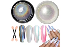 GZMAYUEN Unicorn Chrome Nail Powder and Holographic Nail Powder Nail Chrome Powder Set, Mermaid Aurora Chrome Nail Powder White Mermaid Chrome Pearl Nail Powder