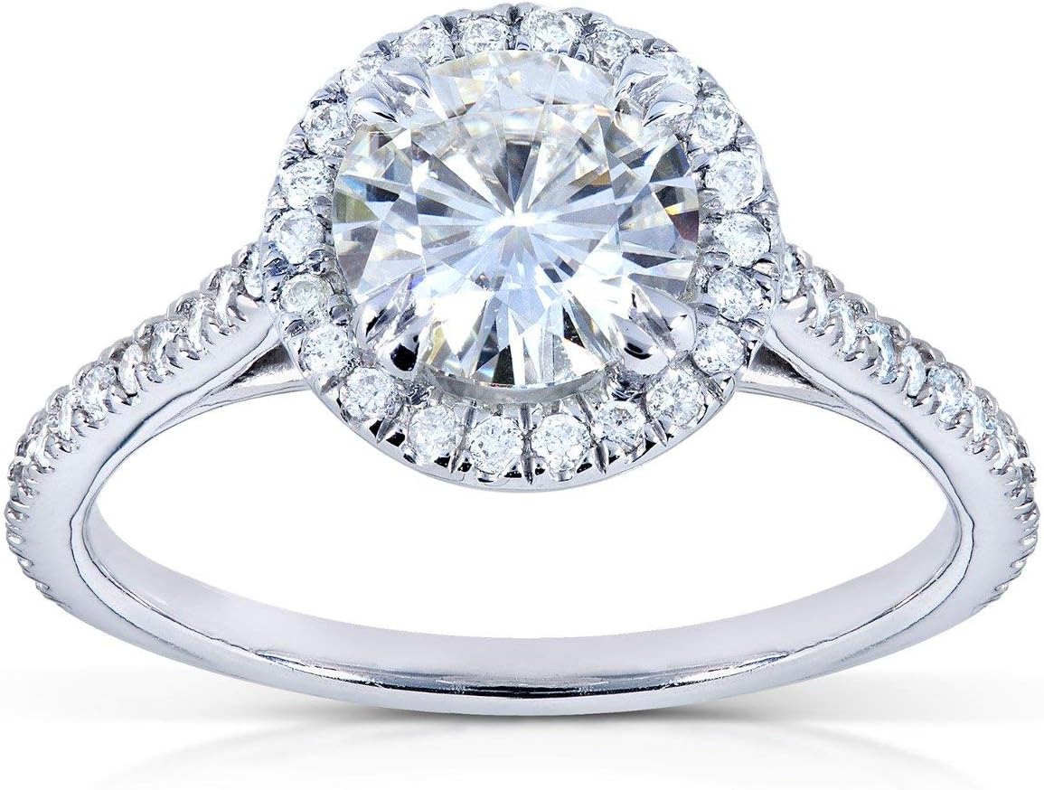 Round Moissanite and Diamond Halo Engagement Ring 1 1/4 CTW in 18k White Gold_10.0