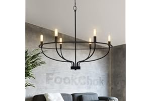 FookChak Black Dining Room Light Fixture, 6-Light Farmhouse Black Chandelier for Bedroom Metal Candle Chandeliers Hanging Lighting for Kitchen Living Room Entryway Foyer, 28.54in