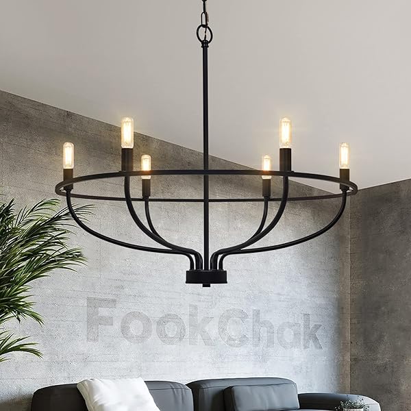 FOOKCHAK BLACK DINING ROOM LIGHT FIXTURE, 6-LIGHT FARMHOUSE BLACK CHANDELIER FOR BEDROOM METAL CANDLE CHANDELIERS HANGING LIGHTING FOR KITCHEN LIVING ROOM ENTRYWAY FOYER, 28.54IN
