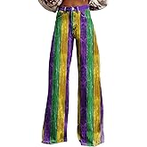 Mardi Gras Pants for Women Plus Size Sequin Flare Bell Bottom Patterned Jeans Vintage Baggy Design Wide Leg Trousers
