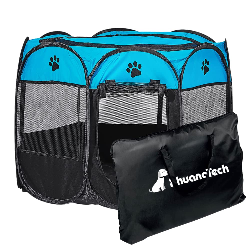 XhuangTech 31.5"x31.5"x23" Soft Fabric Portable Foldable Pet Dog Cat Puppy Playpen, Indoor/Outdoor use Pet Kennel Cage Travel Pet Carrier + Carrying Case (Light Blue & Black)