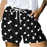 Women's Summer Elastic High Waisted Polka Dot Shorts Casual Drawstring Lightweight Loose Fit Short Pants with Pockets