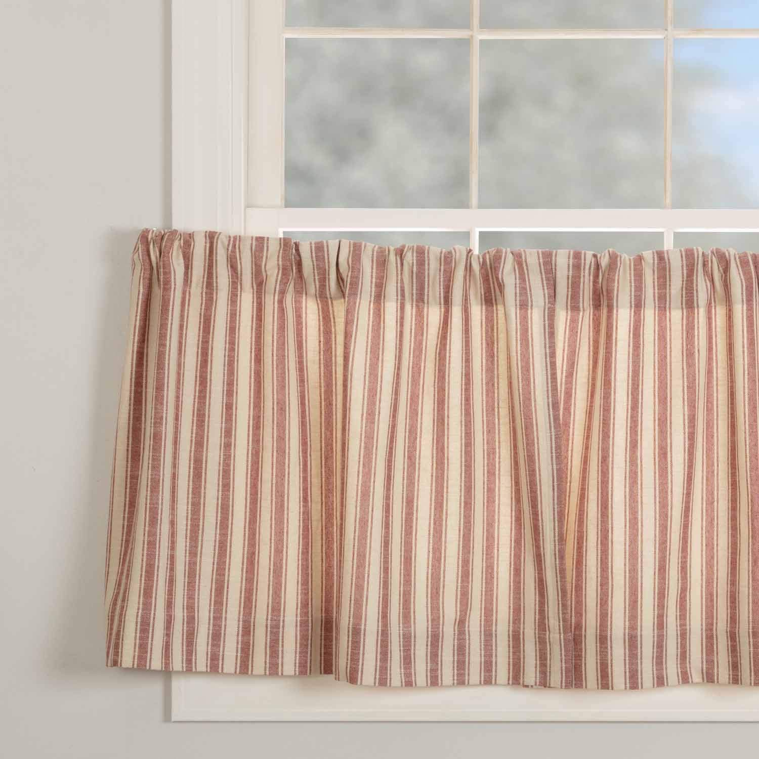 Piper Classics Market Place Red Ticking Stripe Tier Curtains, Set of 2, 24" Long, Farmhouse Style Brick Red & Natural Cream Tiers/Café Curtains