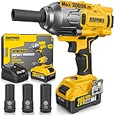ALLOYPOWER Cordless Brushless Impact Wrench, 1475 ft-lbs (2000N.m), 1/2 High Torque power impact gun, 3-Mode Speed, 4000mAh Battery, 3 Sockets, Electric Impact Wrench Set for Car Tire Truck RV Mower