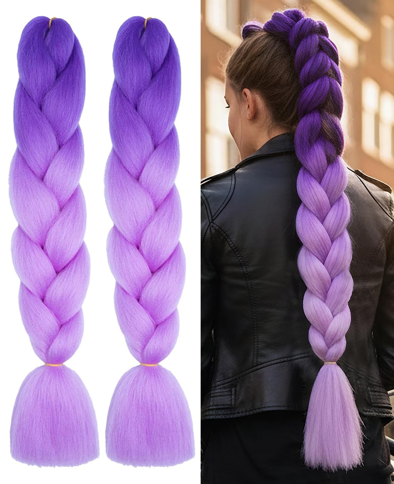 Leogony 2PCS 2 Tone Hair Extensions for Braiding, Deep Purple and Light Purple Fake Braids Hair, Plait Coloured Synthetic Wig — image 1
