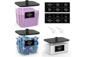 COAZEX 2+1 Pack Clear Laundry Pods Container & Dryer Sheet Holder, Plastic Square Laundry Room Organization and Storage Jars with Black Lids, Scoops & Labels for Detergent, Powder, Dryer Balls