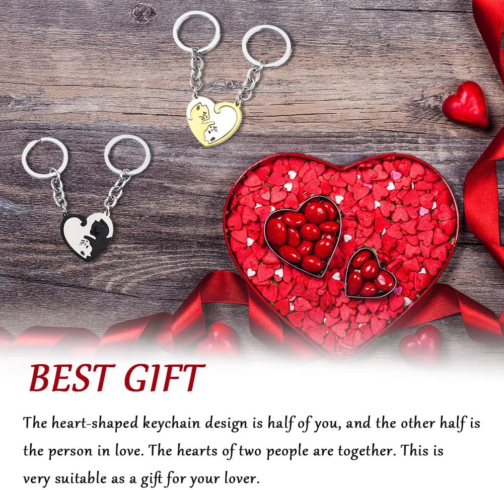 Couple Keychain Set CHEPL 2 Sets Couples Heart Keyrings Stainless Steel Cat Puzzle Piece Matching Couple Keychain Anniversary Valentine's Day and Best Friends Gift Silver,Black,Gold - Image 5