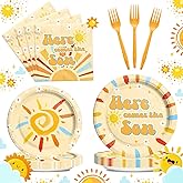 Hombae Here Comes the Son Baby Shower Tableware décor Set with Plates, Napkins, Forks, Sunshine Baby Shower Party Supplies Decorations for Boy, Retro Boho Sun Themed Disposable Tableware, 24 Guests