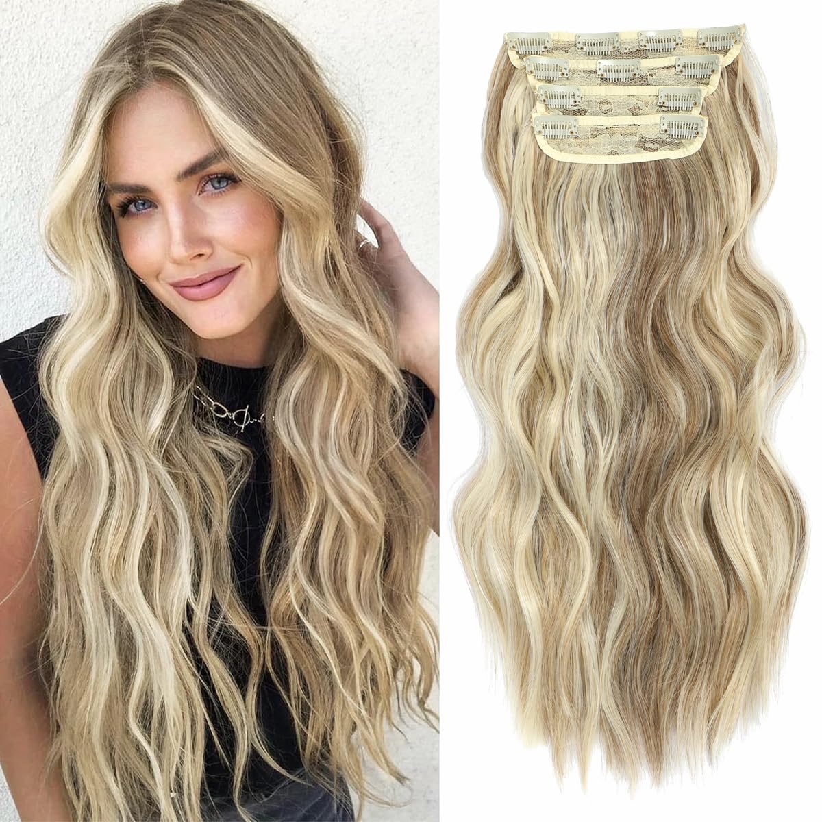 20inch Hair Extensions Clip in 4Pcs Curly Full Head Synthetic Hair Extension Wavy hair Pieces for Women (20Inch, Sandy Blonde with White Highlights) โ image 1