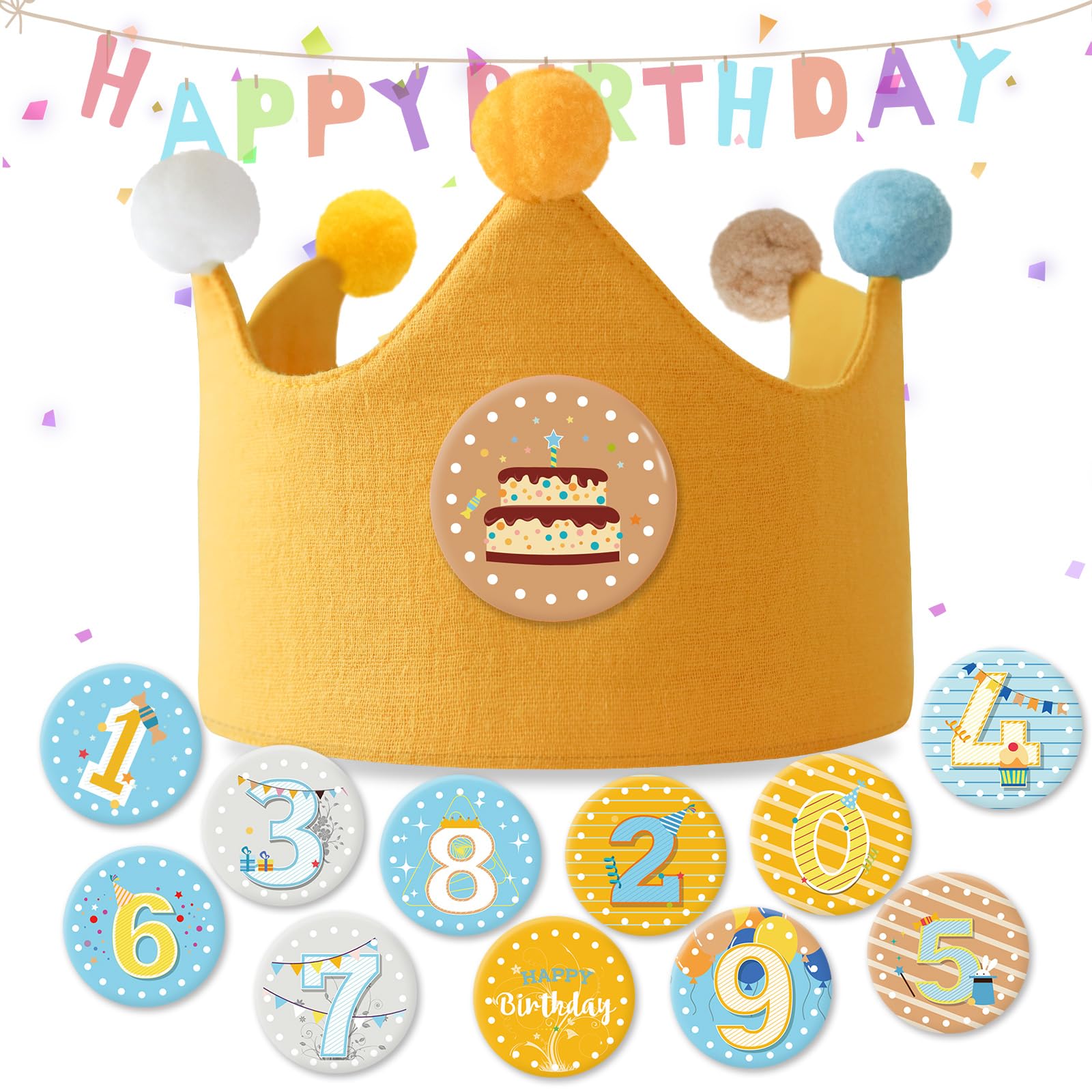 Photo 1 of Ulibanner Reusable Birthday Crown, Numbers, Kids Birthday Hat, Fabric Crown, Toddler Boy Girl Baby Bday Hats (Ginger + Yellow)