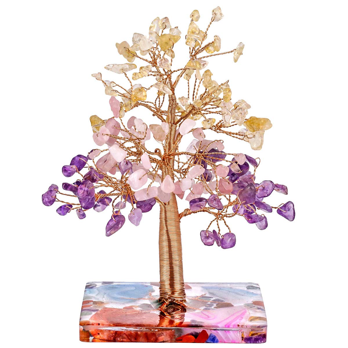 KYEYGWO Colourful Crystal Tree with Agate Slices Resin Base Reiki Healing Money Tree for Wealth and Luck