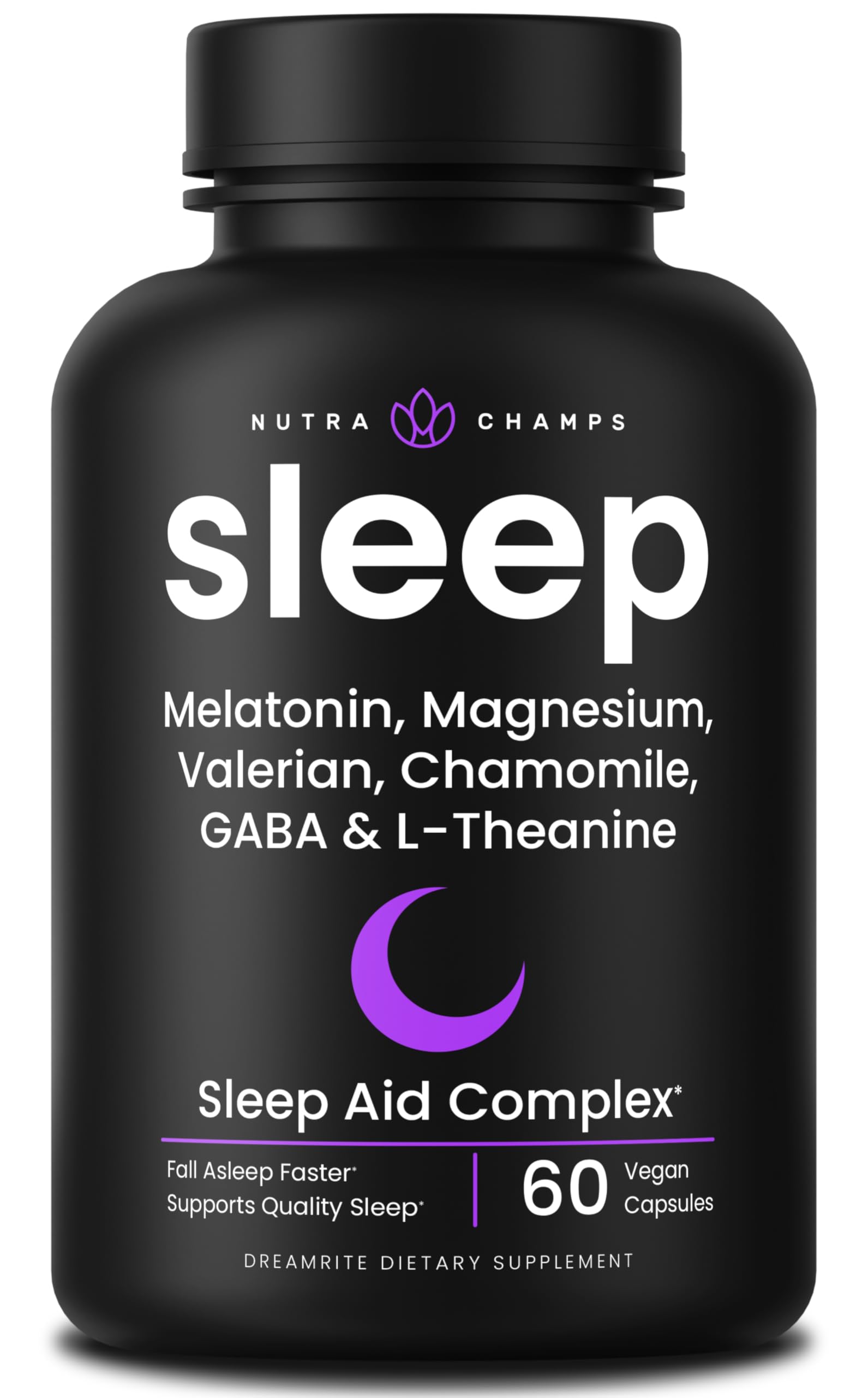 NutraChamps 10-in-1 Natural Sleep Aids for Adults - Melatonin, Lemon Balm 1000mg, Chamomile 400mg, Valerian Root 600mg, L Theanine, L Tryptophan, GABA, Magnesium Sleep Aid