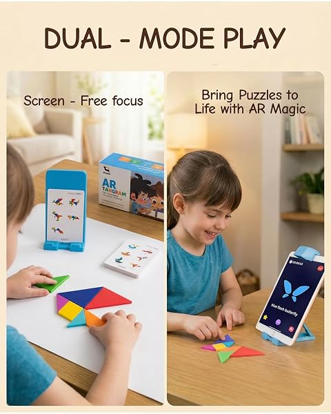 QXTAMO STEM TOYS FOR KIDS AGES 4-6, AR TANGRAM PUZZLES WITH 1000+ COMBINATIONS & 20 COGNITIVE CARDS, FOOD-GRADE SILICONE SENSORY TOY, INTERACTIVE FAMILY GAMES & MEANINGFUL SCREEN TIME ALTERNATIVE