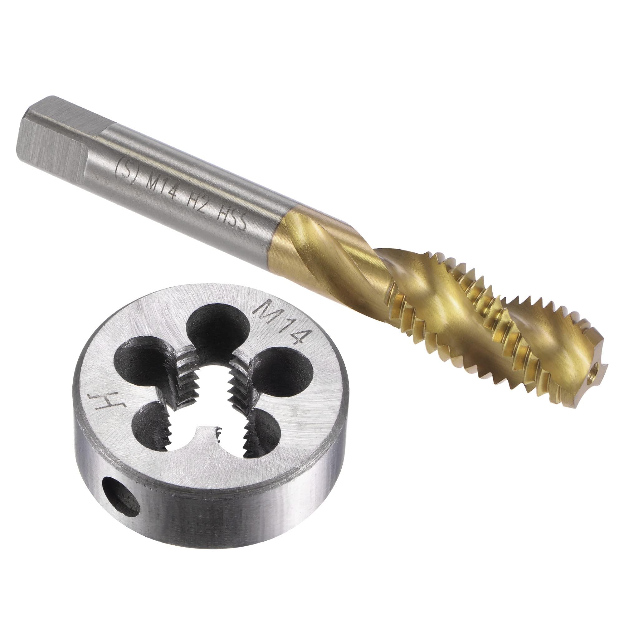 TOP-VIGOR Tap and Die Set Metric M14 x 2, HSS (High Speed Steel) Titanium Plated Machine Spiral Flute Thread Screw Tap, Alloy Steel Round Threading Die for Cutting External and Internal Thread