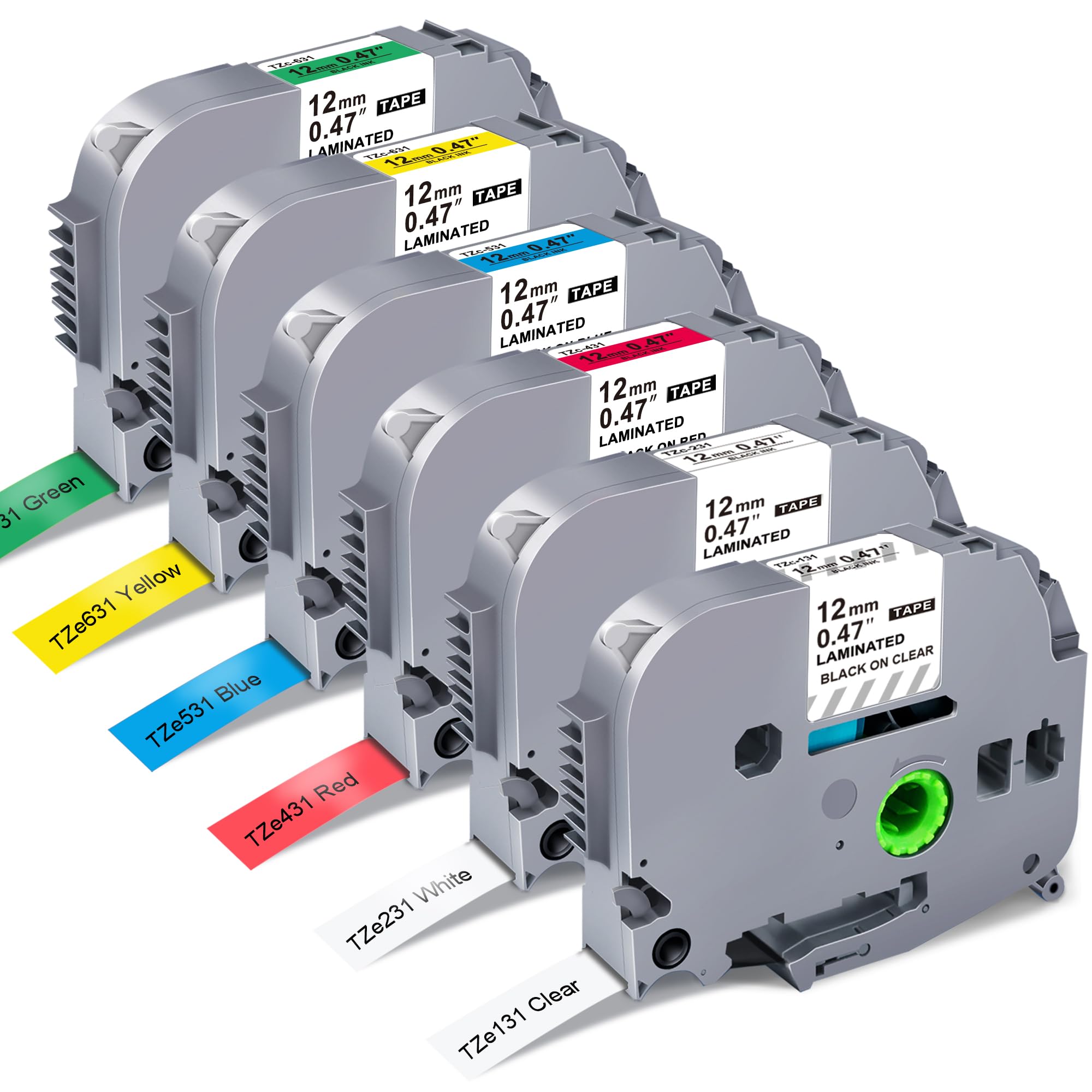 Photo 1 of 6 Pack Replacement for Brother P Touch Label Maker Tape TZe Tz Tape 12mm 0.47 Laminated White/Clear/Red/Yellow/Blue/Green Compatible with Brother P-Touch Label Maker PT-D210 PT-H110 PT-D220
