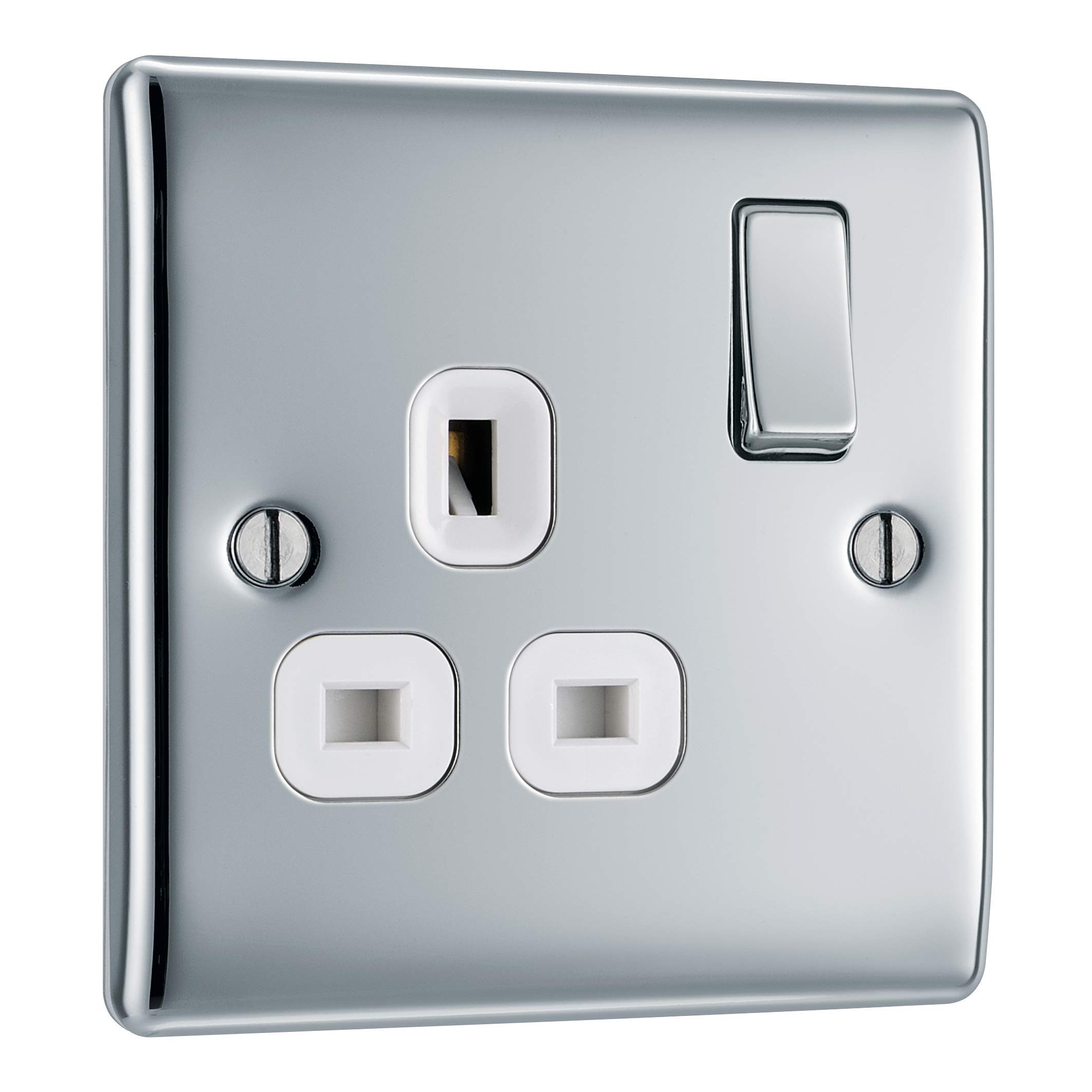 BG Electrical Single Switched Power Plug Wall Socket, Raised and Slim Profile, Round Edges, Nexus Metal, Polished Chrome, White Inserts, 13A, NPC21W