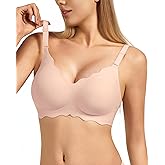 VQJ Women's No Underwire Jelly Comfort Wireless Full Coverage Bra, Scalloped Push Up T-Shirt Bra with Convertible Straps