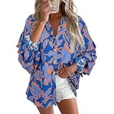 Astylish Womens 2026 Boho Floral Loose Spring Summer Tops Lantern Sleeve Flowy Blouses V Neck Button Down Shirts