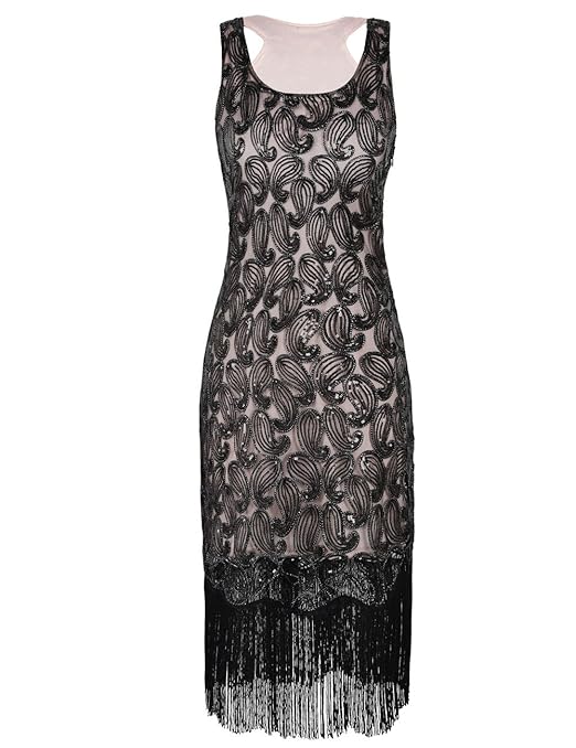 PrettyGuide Damen 20er Jahre Kleid Pailletten Paisley Franse Hem Flapper Cocktailkleid
