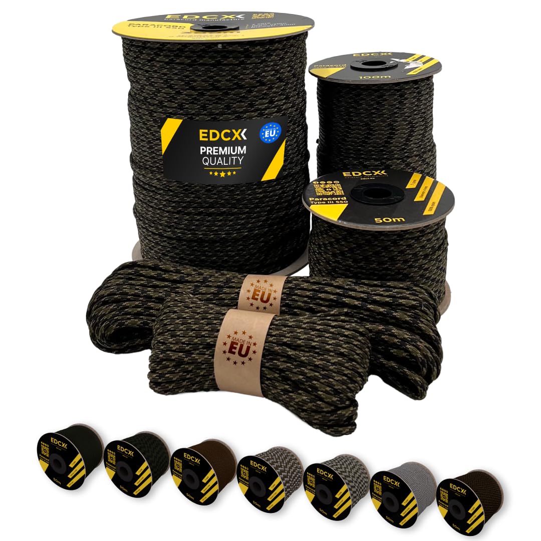 EdcX Paracord 4mm, 20+ Military Colors (15m, 30m, 50m, 100m, 300m) | Ideal for Camping, Survival, Outdoor, Crafting, DIY | 100% Nylon Rope 4mm | Tactical Cord 550 Type III (Veteran, 15 m) — image 1