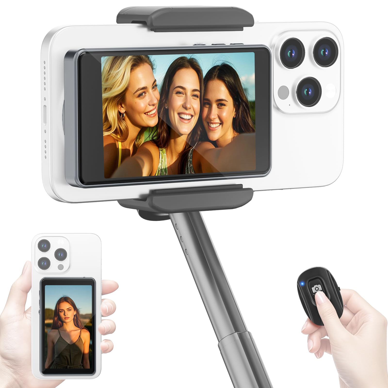 Wireless Selfie Monitor Screen for iPhone & Android,1800mAh with Bluetooth Remote, 3-Level Brightness & Wide Screen Mode, Back Camera Monitor iPhone Selfie Vlog No Delay Live Stream for TikTok