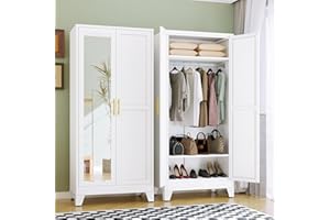 RISTERN RIETERN Metal Armoire Wardrobe Closet, 71" Tall Bedroom Closet with Mirror, Adjustable Shelves, and Hanging Rod, Steel Clothes Closets and Storage, for Bedroom White