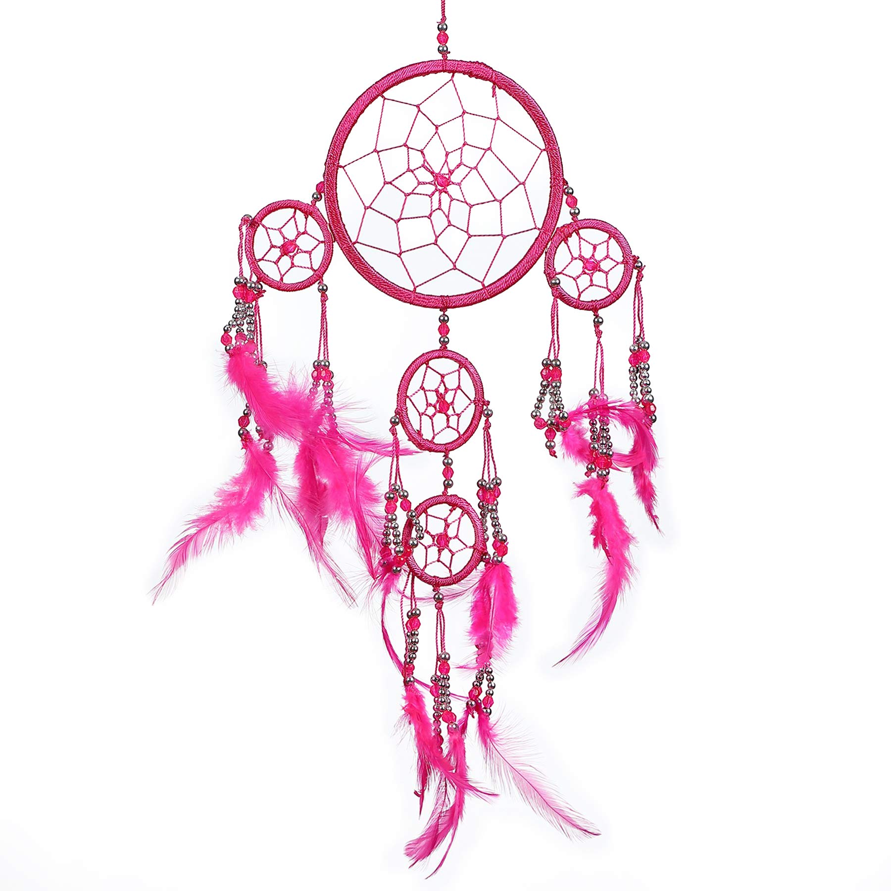 Pink Pineapple Handmade Bohemian Dream Catcher Ethical Hanging Dreamcatcher Wall Art with Feathers and Silver Beads Traditional Crochet Design - 12cm Wide, 35cm Long (Fuchsia)