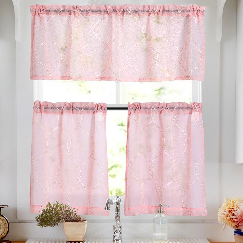 Amazon Com Vangao Tier Curtains Pink Embroidered Set With Valance