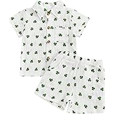 Mobbdow Toddler Baby Boy St Patricks Day Outfit Clover Button Down Short Sleeve Muslin Shirt Top and Shorts Set Irish Clothes