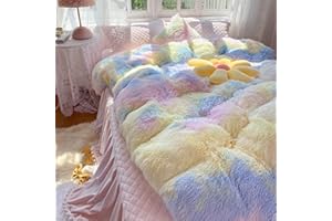 Roscloud Faux Fur Kids Girls Sunshine Rainbow Comforter Sets Queen - 3PC Bed Set Warm Comfortable Soft Plush Flannel Velvet Fluffy Fuzzy Bedding（Comforter x 1 Pillowcases x 2）