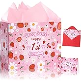 Lednica Strawberry 1st Birthday Gift Bag for Baby Girls, Sweet One Flower Bags Pink Berry First Favor Bag with Tissue Paper, Envelop and Greeting Card, Cute Bow Party Decor Supplies, 11.8"x9.5"x5.3"