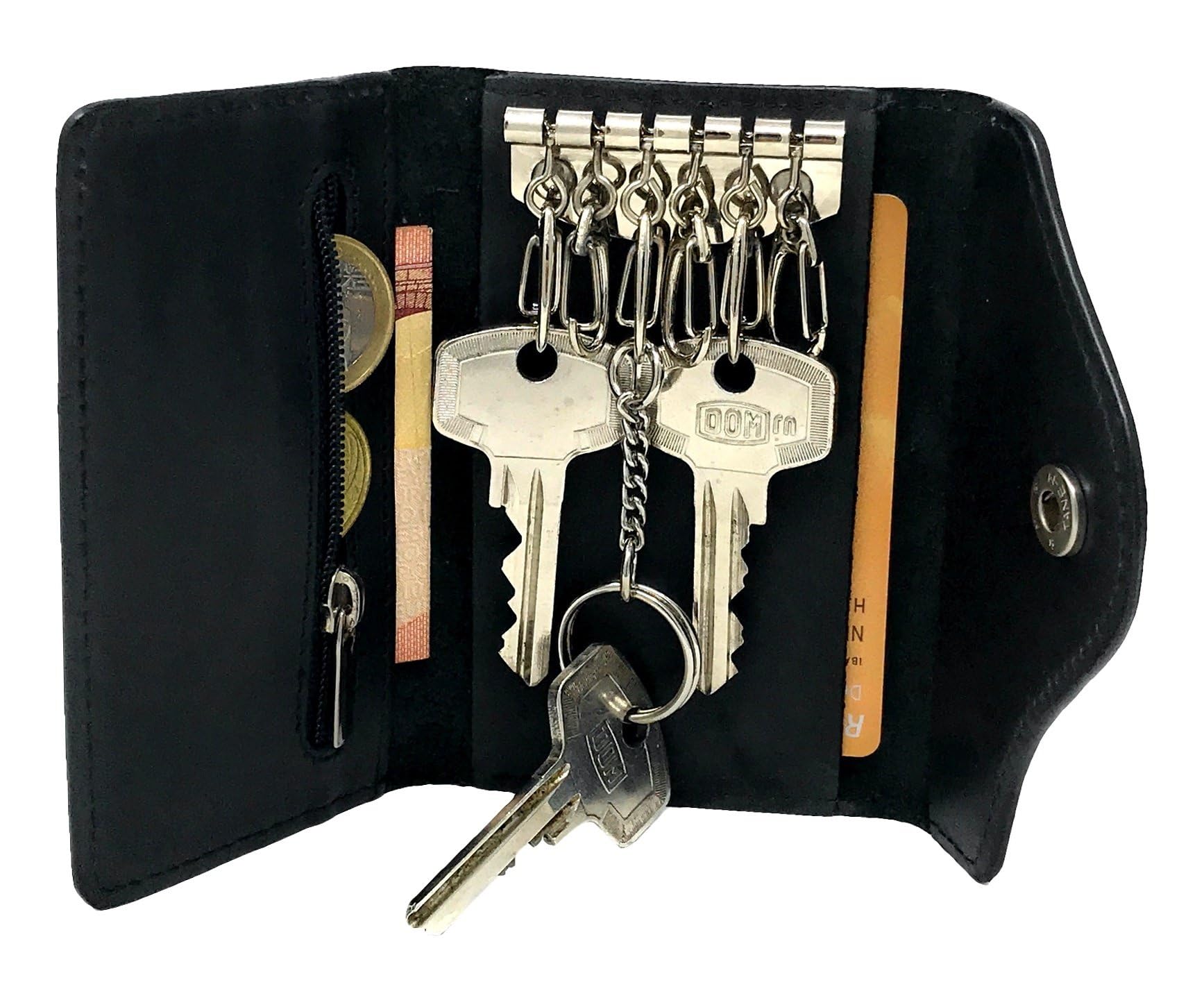 Su.B.dgn Key Case with Zip Coin Pocket, Slim Dutch Design, Leather Keyring, 1 Long Keychain, Outer Key Pocket, 6 Hooks, 2 Card Slots | Black
