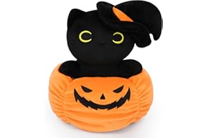JIZWPOOM Halloween Pumpkin Black Cat Stuffed Animal, Halloween Pumpkin Black Cat Plushie Set, Cute Black Cat Plush Pillow Toys, Halloween Decoration Gift for Kids Adults