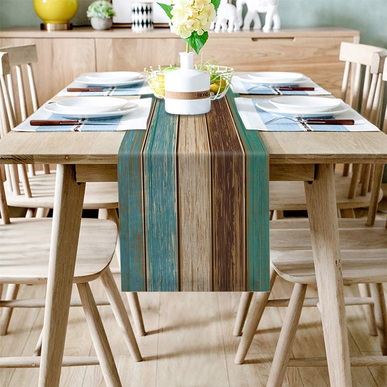 Vandarllin Cotton Linen Table Runner Dresser Scarves Retro Rustic Barn Wood&Teal Green Brown Non-Slip Burlap Rectangle Table Setting Decor for Wedding Party Holiday Dinner Home, (13X70 Inch): Home & Kitchen
