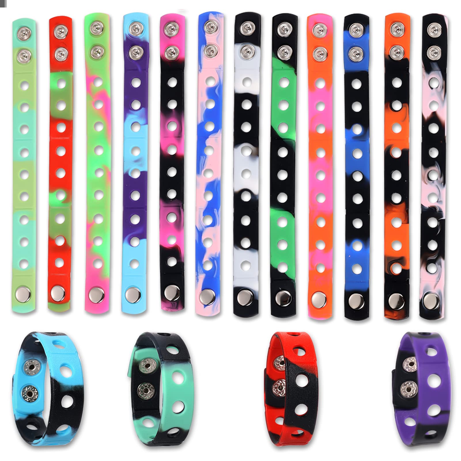 SAVITA 16pcs Silicone Bracelets with Holes for Charms Colorful Rubber Charm Wristbands Silicone Adjustable Bracelets with Camouflage Pattern for DIY Crafts Birthday Party Favors (7inch Long)