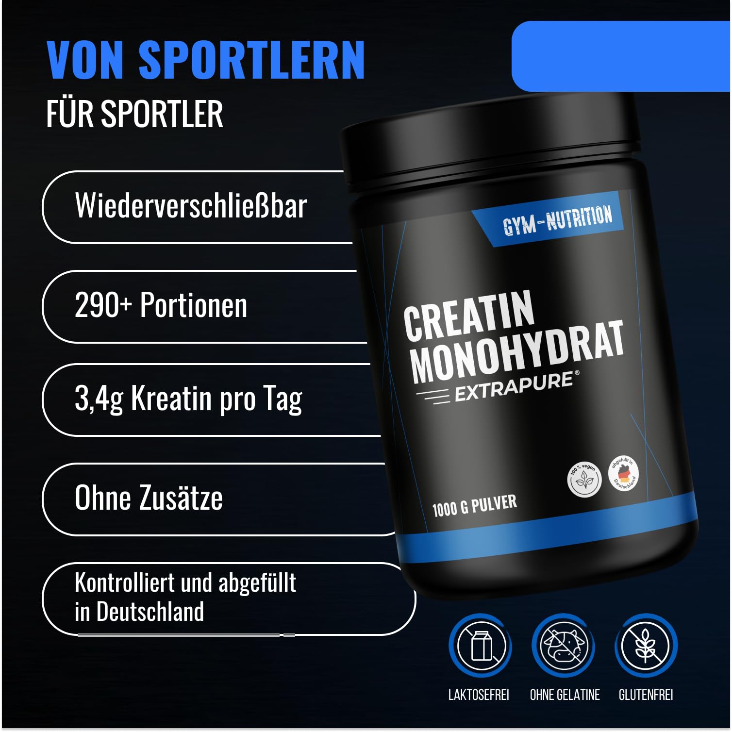 Creatin Monohydrat Pulver 1kg / 1000g - Ultra Reines Kreatin Monohydrat mit Inulin - Hochdosiert - Extrapure Creatine Monohydrat - Creatin Pulver Monohydrate - Vegan Jahresvorrat 3